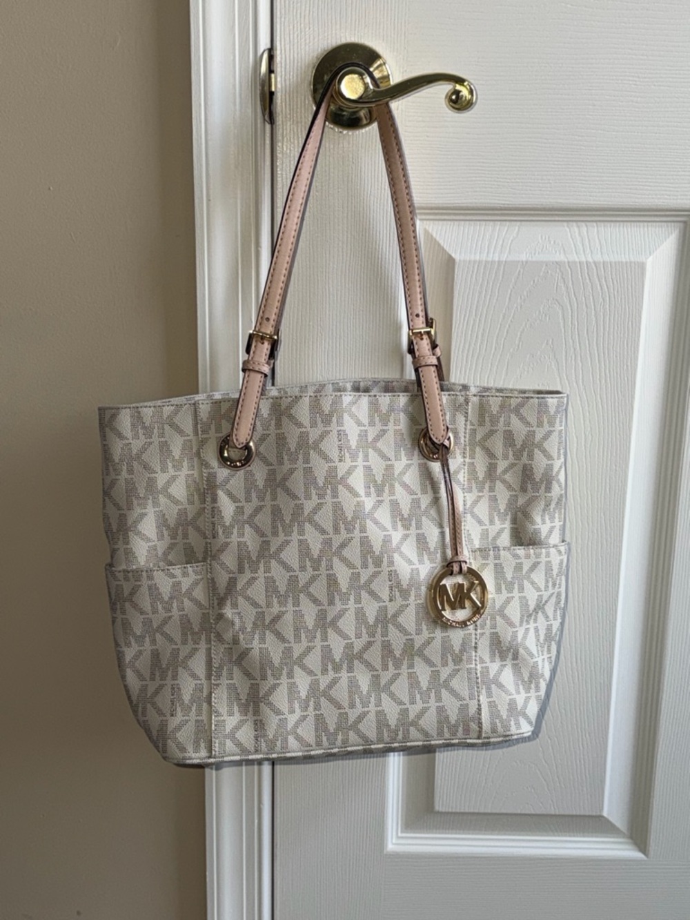 Michael Kors Beige Signature MK Tote with light cream Handles and Gold Charm